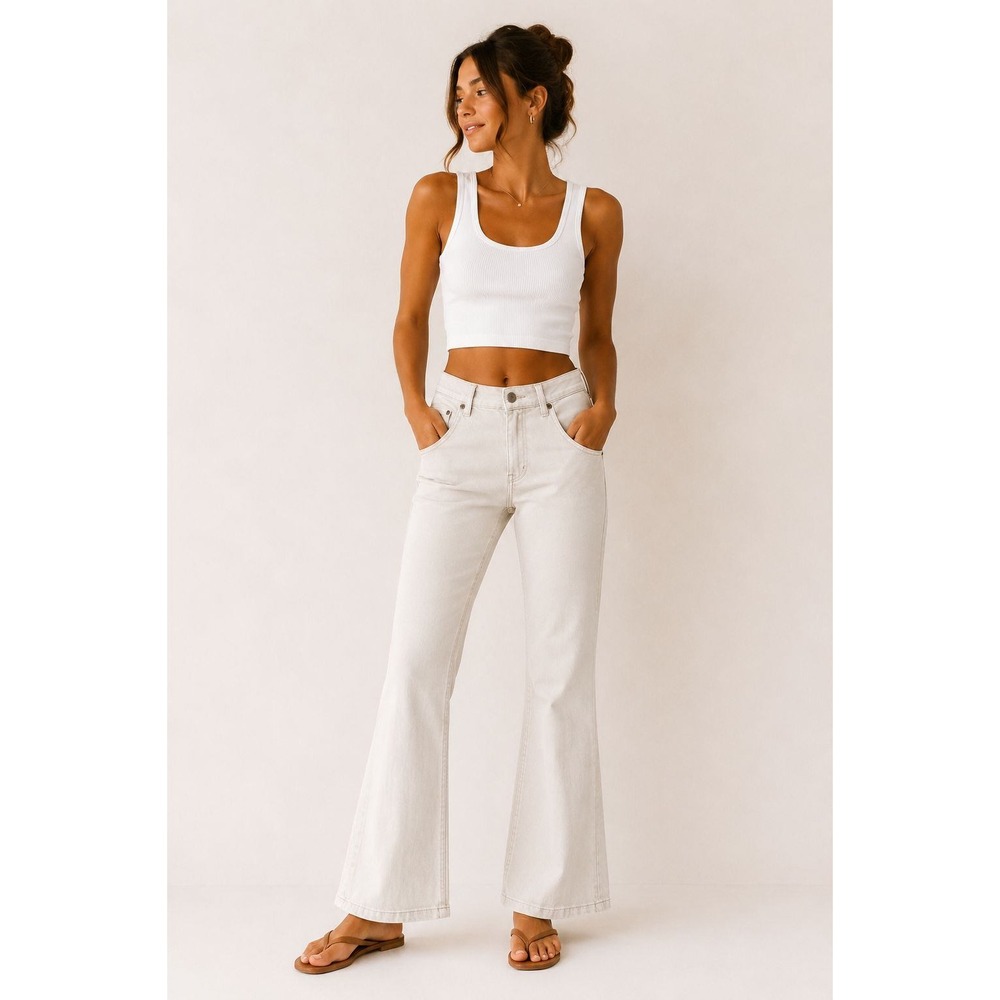 Bershka Women Size 4 White Denim Jeans Pants Retro Boho Festival 70s Hippie